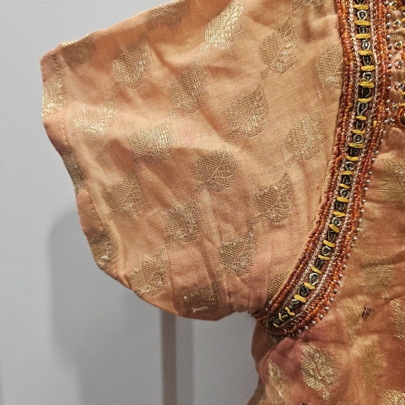 "XL Peach Gold Embroidered Kurti Tunic Dress Beaded Ethnic Boho Festival Wear" - Picture 4 of 10